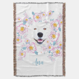 Dog Samoyed and pink flowers Throw Blanket