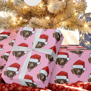 Dog Santa Hat Custom Face Photo Pink Christmas Wrapping Paper
