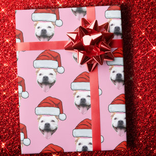 Dog Santa Hat   Custom Face Photo Pink Christmas Wrapping Paper