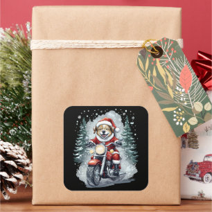 Dog Santa Motorcycle Black Background Square Sticker