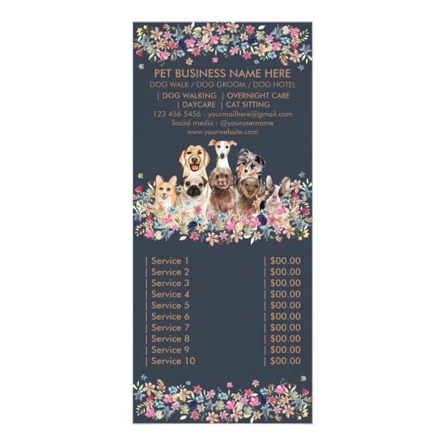 Dog services pet sitter Price list Rack Card (Front)