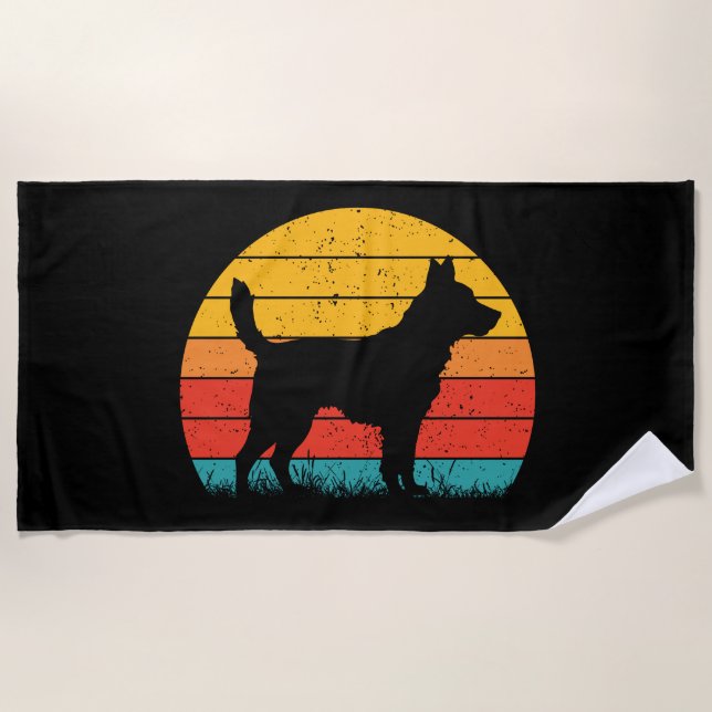 Dog Silhouette at Sunset Beach Towel (Front)
