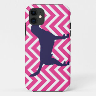 Dog Silhouette in Blue on Pink Chevron Pattern iPhone 11 Case