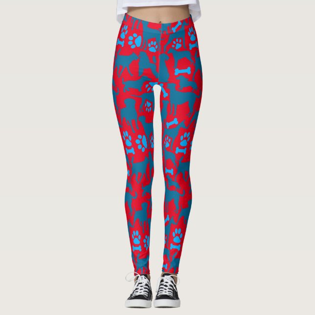 Dog silhouette Pattern.Blue.04 Red BG Leggings (Front)