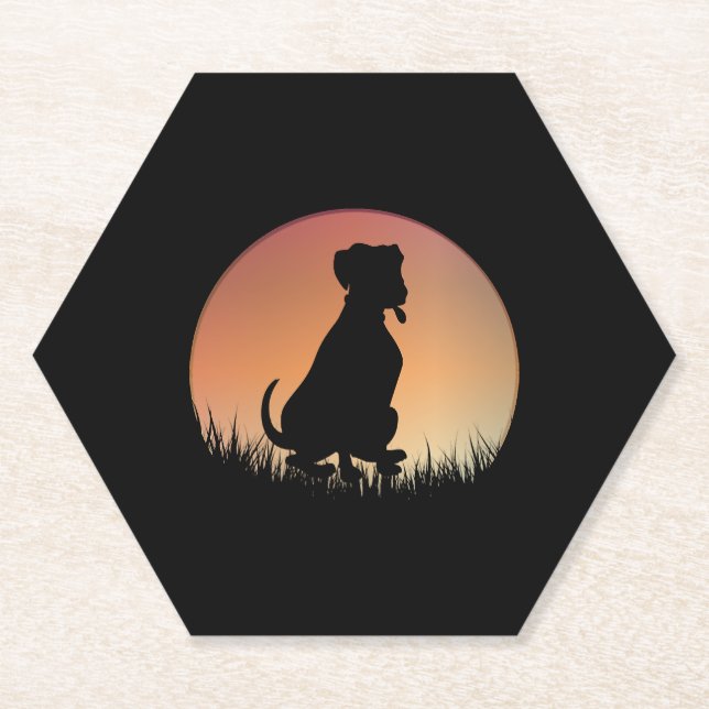 Dog Silhouette Sunset Paper Coaster (Front)