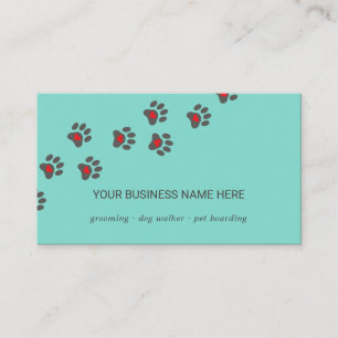 Dog sitter, paw path with heart, aqua blue business card