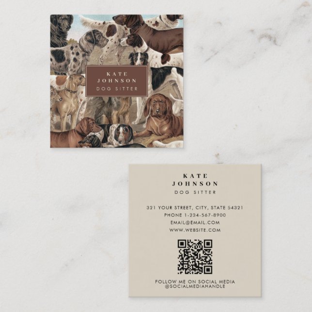 Dog Sitter Trainer Animal Care Dogs QR Code Square Business Card (Front/Back)