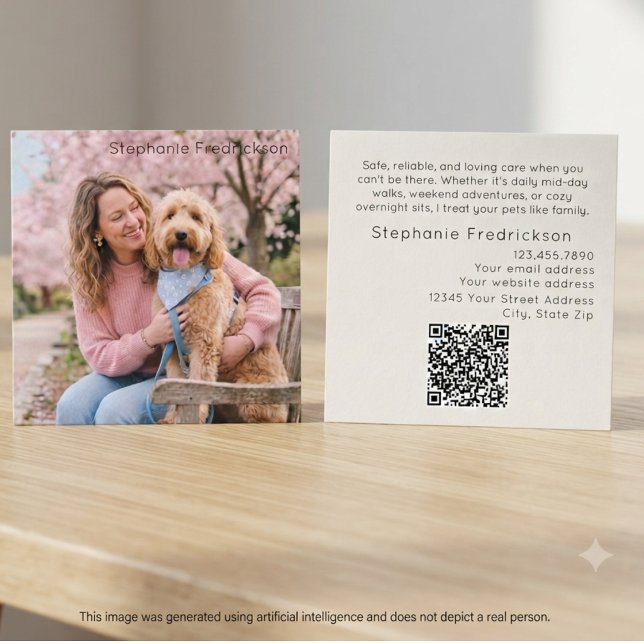 Dog Sitter Walker Photo QR Code Business Card (Square dog sitter business card featuring a friendly pet photo template for local dog walkers.)
