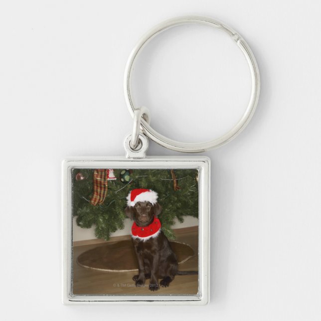 Dog sitting by a Christmas tree Key Ring (Front)