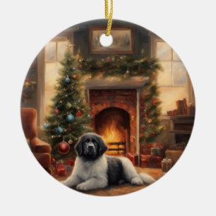Dog Sitting In Front Of A Christmas Tree Ceramic Tree Decoration