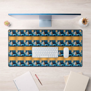 Dog sitting on a chair desk mat