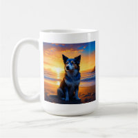 Dog sitting on Ocean Beach at Sunset with Quote