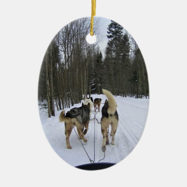 Dog Sledding in Quebec, Canada Ceramic Tree Decoration (Front)
