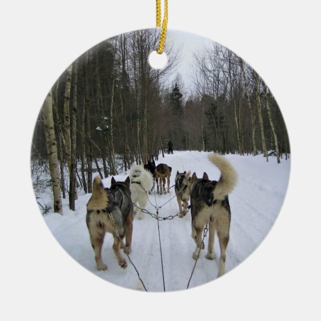 Dog Sledding in Quebec, Canada Ceramic Tree Decoration (Front)