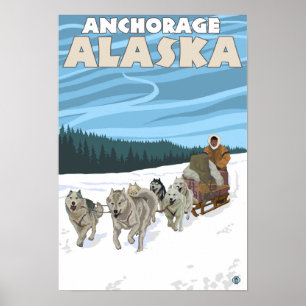 Dog Sledding Scene - Anchorage, Alaska Poster