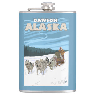 Dog Sledding Scene - Dawson, Alaska Hip Flask