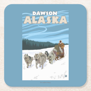 Dog Sledding Scene - Dawson, Alaska Square Paper Coaster