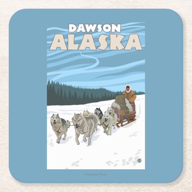 Dog Sledding Scene - Dawson, Alaska Square Paper Coaster (Front)