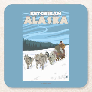 Dog Sledding Scene - Ketchikan, Alaska Square Paper Coaster