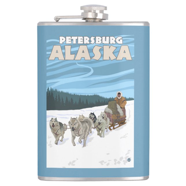 Dog Sledding Scene - Petersburg, Alaska Hip Flask (Front)
