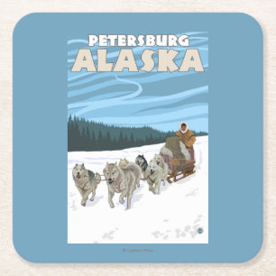 Dog Sledding Scene - Petersburg, Alaska Square Paper Coaster