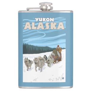 Dog Sledding Scene - Yukon, Alaska Hip Flask