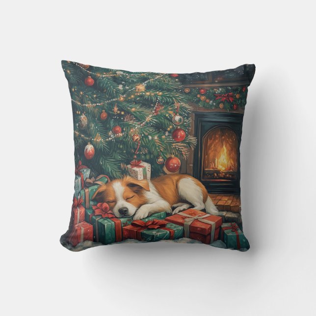 Dog sleeping peacefully under a Christmas tree Cushion (Front)