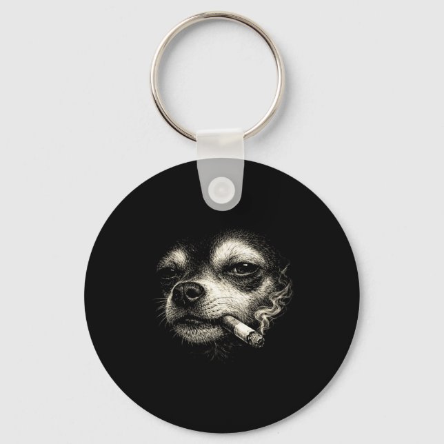 Dog smoking cigarette funny chihuahua face meme key ring (Front)