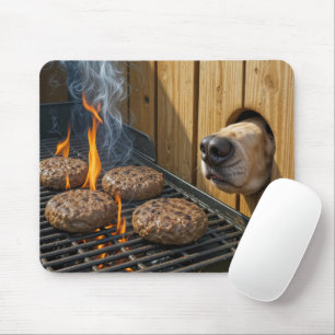Dog Sniffing Hamburgers On a Barbecue Grill Mouse Pad