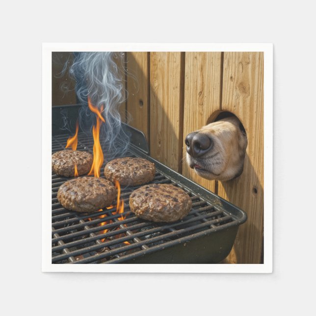 Dog Sniffing Hamburgers On a Barbecue Grill Napkin (Front)