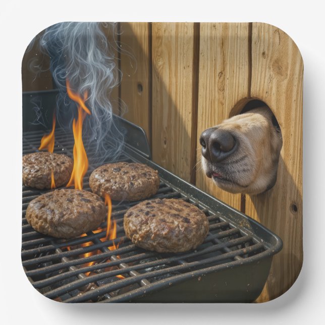 Dog Sniffing Hamburgers On a Barbecue Grill Paper Plate (Front)