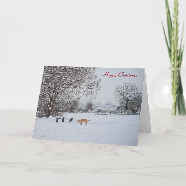 dog snow scene landscape at chrismas  holiday card (Front)
