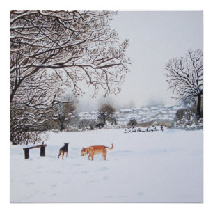 Dog snow scene landscape with trees painting poster