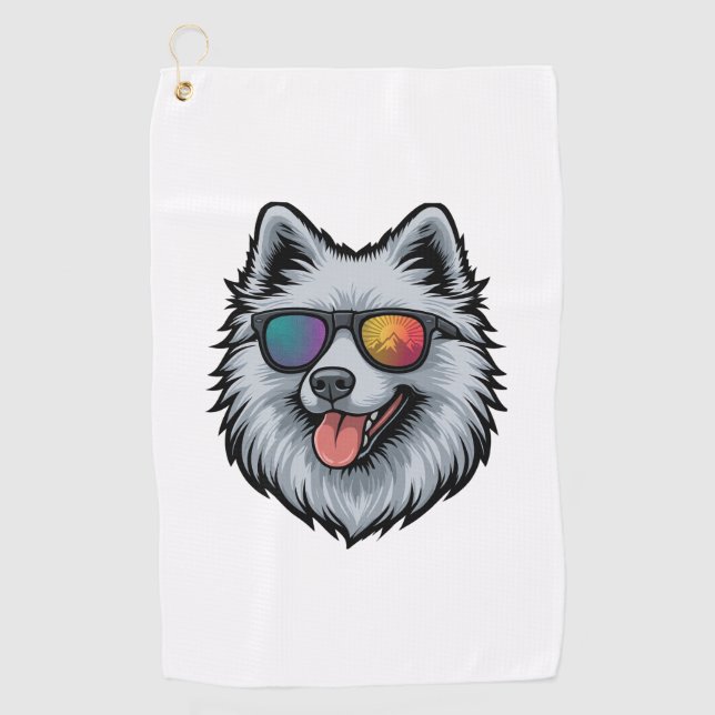 Dog Sunglasses Mountain Sunset Reflection Golf Towel (Front)