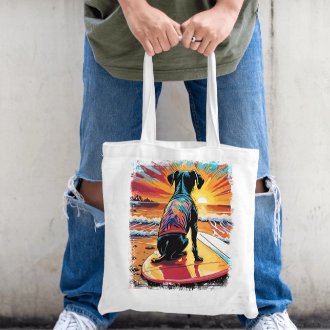 Dog Surfing Cute Colourful Comic Illustration Tote Bag (Funny Dog Surfing in the Summer Tote Bag)
