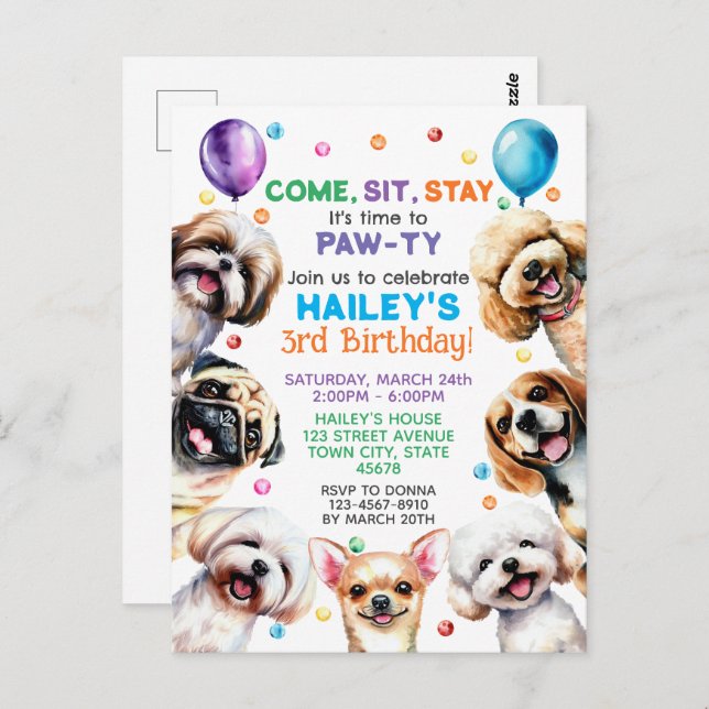 Dog Theme 3rd Birthday Party Invitation Postcard (Front/Back)