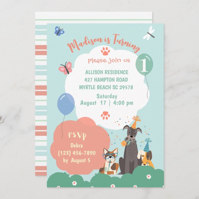  Dog Theme Birthday Party   Invitation (Front/Back)