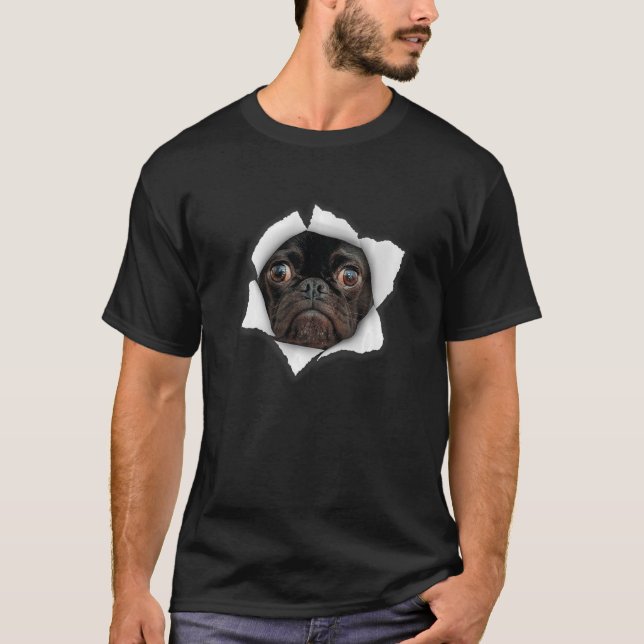 Dog Torn Cloth  Black Bulldog Coming Out of Hole K T-Shirt (Front)