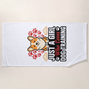 Dog Training Girl Corgi Vintage Vector Shirt Desig Beach Towel
