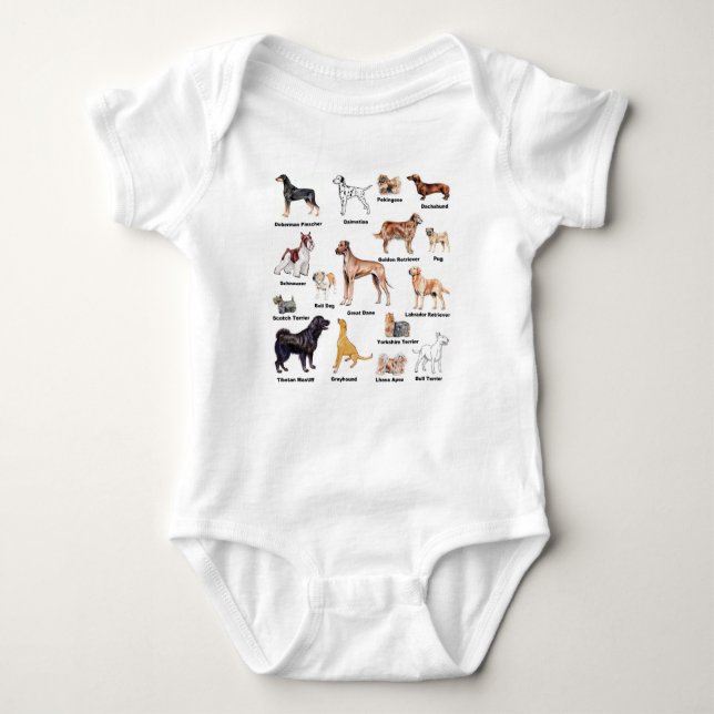 Dog types cute kid and baby clothing bodysuit (Front)