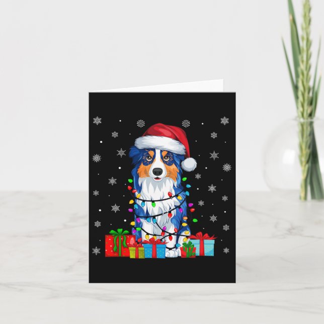 Dog Ugly Xmas Lights Santa Hat Australian Shepherd Card (Front)