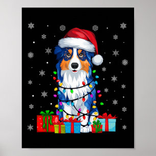 Dog Ugly Xmas Lights Santa Hat Australian Shepherd Poster