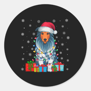 Dog Ugly Xmas Lights Santa Hat Bearded Collie Dog  Classic Round Sticker