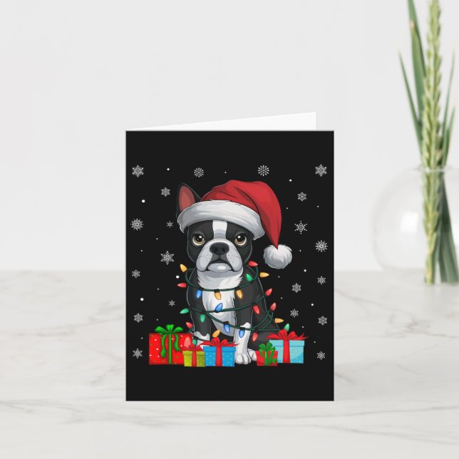 Dog Ugly Xmas Lights Santa Hat Boston Terrier Chri Card (Front)