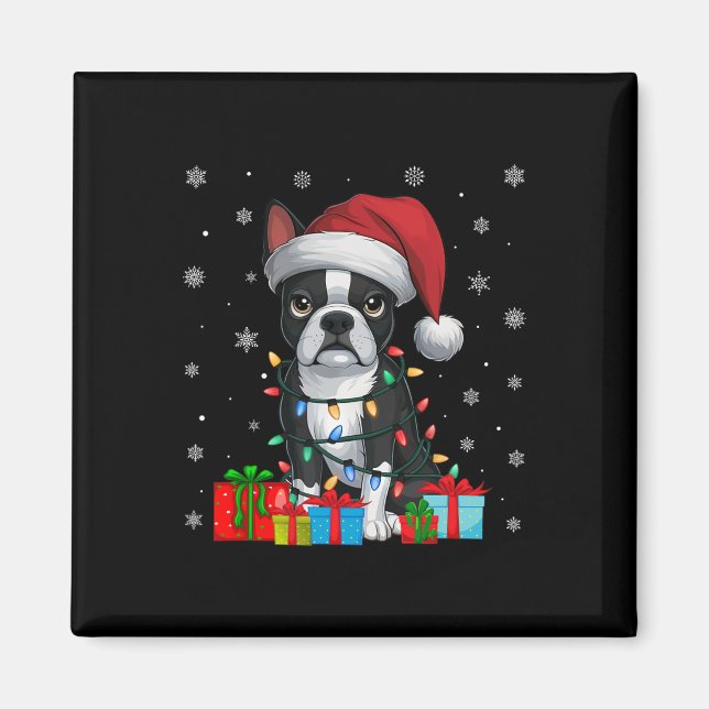 Dog Ugly Xmas Lights Santa Hat Boston Terrier Chri Magnet (Front)