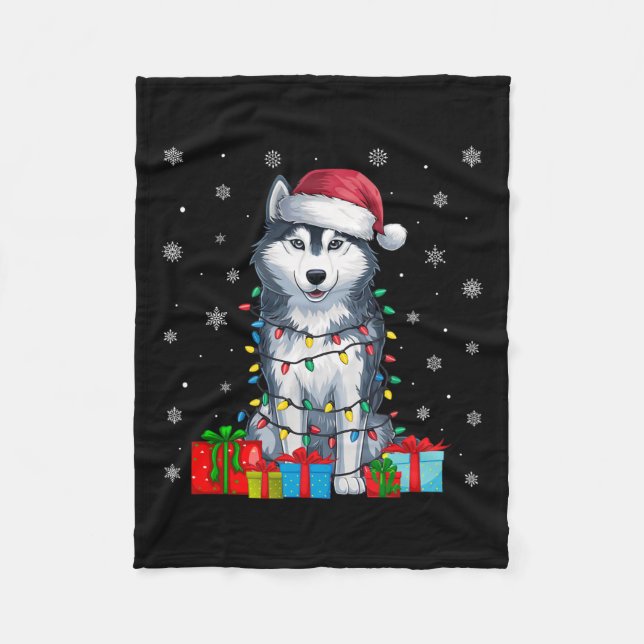 Dog Ugly Xmas Lights Santa Hat Siberian Husky Dog  Fleece Blanket (Front)