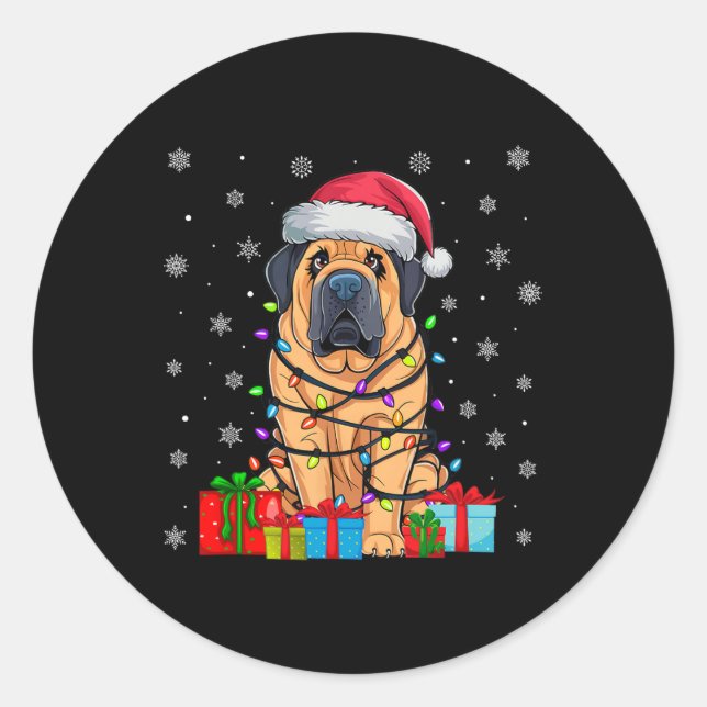 Dog Ugly Xmas Lights Santa Hat Tibetan Mastiff Dog Classic Round Sticker (Front)
