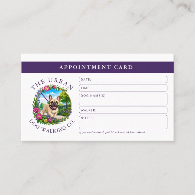 Dog Walker Appointment Card - French Bulldog (Front)