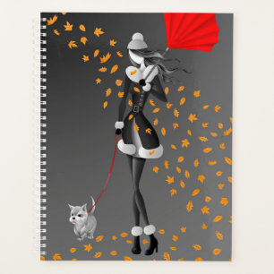 Dog Walker Autumn Leaves black Planner