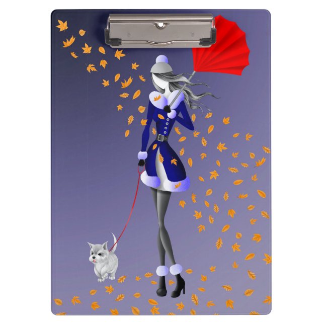 Dog Walker Autumn Leaves Blue Clipboard (Front)